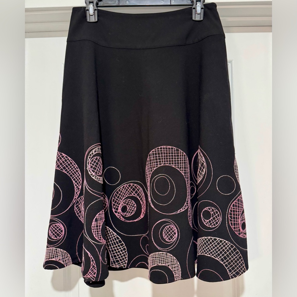 Vintage Sunny Leigh Black Skirt‎ with Pink Swirl Design Size 6